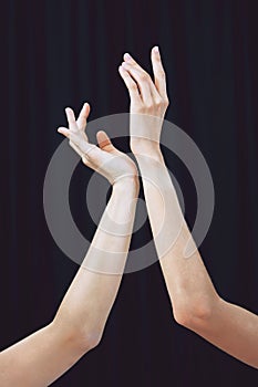 Ballet hands and performance art stage for creative dancer theatre movement girl. Entertainment performer with classy