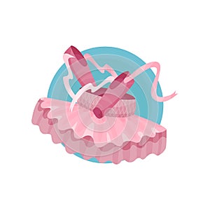 Ballet icon, pink ballet shoes and tutu cartoon vector Illustration