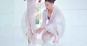 Ballet, legs and woman teacher, balance practice and training for dance performance in dancing studio, learning at