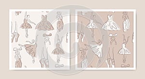 Ballet outline seamless patterns set. Hand-drawn art line icons of ballerina, pointe shoe and dress. Linear brush sketch texture