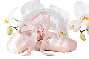 Ballet pointes with orchids on isolated white