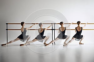 Ballet practice at barre. Teen girls, ballet dancers in black costumes training, preparing for performance against grey