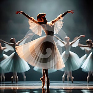 Ballet scene, efface, caucasian, on stage, low angle, dynamic and fluid. photo