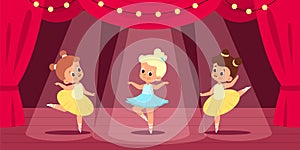 Ballet scene. Little ballerinas perform on stage, red curtain, searchlight lights, young dancers theatre performance