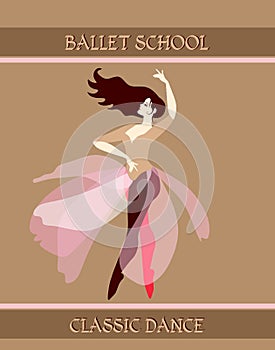 Ballet school. Beautiful young woman with fluttering hair standing in dance pose on golden background.