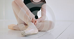 Ballet, shoes and feet of woman dancer in dance studio, art academy or creative school with floor and wall mockup