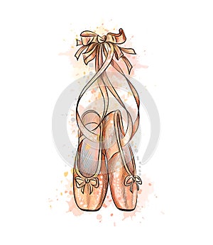 Ballet shoes, pointe shoes from a splash of watercolor