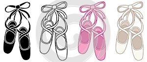 Ballet Shoes with Ribbon Laces Clipart Set - Outline, Silhouette, Pink and White