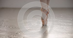 Ballet, shoes and toes in performance, dance or professional moving in studio. Ballerina, woman and pointe legs of