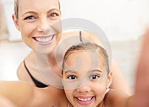 Ballet teacher, little girl and selfie with woman and happy young student in studio. Dance, art and child development in