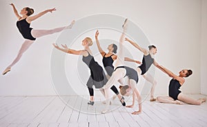 Ballet training, dance students or studio routine with group diversity of ballerina dancers in jump performance for