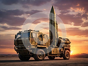 Ballistic missile launcher at sunset. Generated with AI