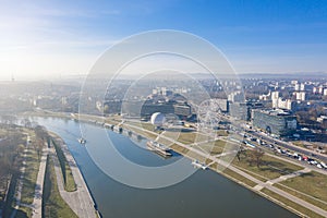 ballon and Ferris wheel in Krakow Poland. aerial photo over river