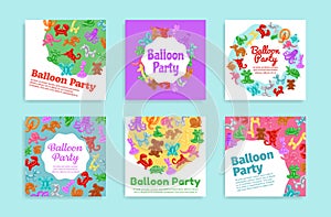 Balloon animal party social media post set vector illustration. Festive holiday helium long balloons