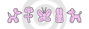 Balloon animals collection and bubble sticker. Dog flower butterfly bunny poodle in trendy retro y2k style.