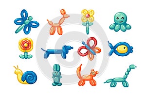 balloon animals. different colored funny rubber pets fol childrens party. Vector cartoon pictures set isolated on white