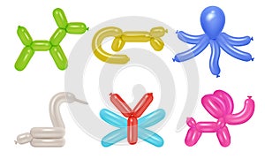 Balloon animals. Party festival rubber pets colored balloons for kids decent vector realistic templates