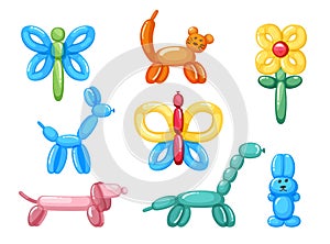 balloon animals. rubber funny pets for children celebration party dogs cat butterfly. Vector colored balloons