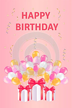 Balloon background for special events, realistic pink and yellow balloons and confetti on pink background. The festive concept of photo