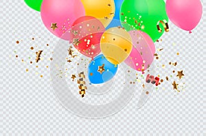 Balloon border with shiny gold glitter and star confetti isolated on transparent background