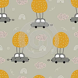 Balloon with car in the sky baby seamless pattern Used for printing, wallpaper, textiles