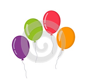 Balloon in cartoon style. Bunch of balloons for birthday and party. Flying ballon with rope. Purple, red, green, orange ball