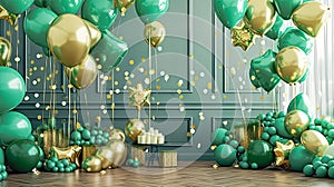 Balloon cascade, Green and gold hues a vibrant background