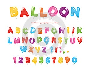 Balloon colorful font. Festive glossy ABC letters and numbers. For birthday, baby shower celebration.