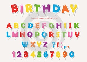 Balloon colorful font paper cutout. Funny ABC letters and numbers. For birthday party, baby shower.