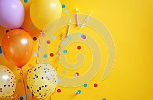 balloon decorations border with candles on bright yellow background