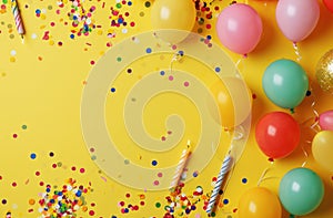 balloon decorations border with candles on bright yellow background