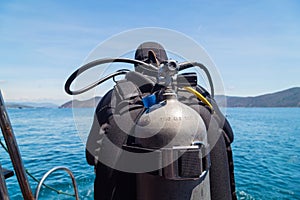 The balloon on the diver jumping into the water. Diving. Vietnam. South China sea