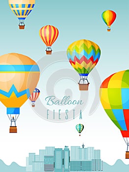 Balloon festival poster, hot air ball rides, flat vector illustration. Travel over city landscape, design concept banner