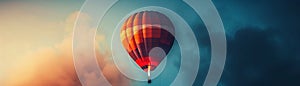 Balloon filled with hot air, floating against a rainy backdrop, fire flickering, windy conditions, noon light, frontal view