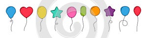 Balloon. Flat baloons with line. Ballons in cartoon style. Bunch of balloons for birthday and party. Flying ballon with rope. Blue