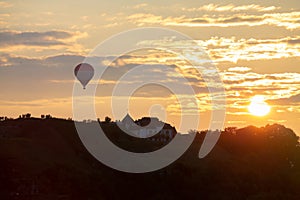 Balloon fly in Kamianets-Podilskyi city Ukraine on sunset