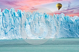 Balloon flying over Perito Moreno Glacier in Argentina