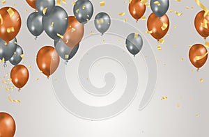Balloon gray and brown background. Flying colorful balloons birthday party decoration. Anniversary celebration card, fun carnival