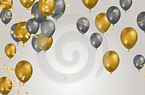 Balloon gray and Gold background. Flying colorful balloons birthday party decoration. Anniversary celebration card, fun carnival