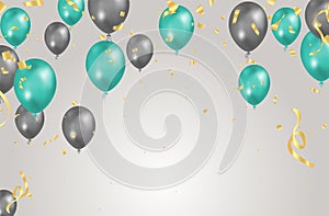 Balloon gray and green background. Flying colorful balloons birthday party decoration. Anniversary celebration card, fun carnival