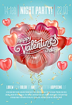 Balloon Hearts. Vector holiday illustration of flying bunch of colour balloon hearts and sparkling confetti. Happy