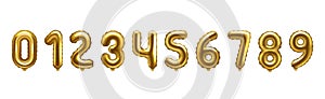Balloon numbers. Birthday foil ballons, 3d gold helium baloon font, golden year celebrate letters 1, metallic 2 and 3