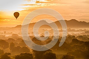 Balloon over Bagan and the skyline of its temples, Myanm