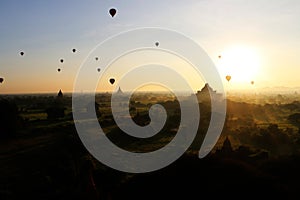 Balloon over pagoda fields, Bagan , Myanmar