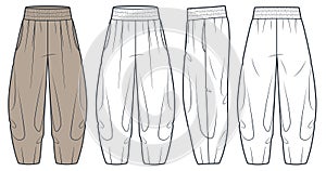 Balloon Pants fashion flat technical drawing template. Harem Pants technical fashion illustration, elastic waistband, oversize