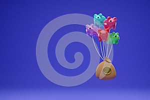 Balloon piggy bank with money bag on blue background ,Concept 3d illustration or 3d render