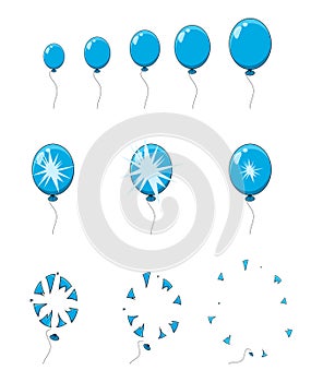 Balloon pop, explosion, burst animation step, frames isolated on white