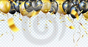 Balloon seamless border with shiny gold glitter confetti isolated