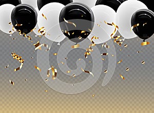 Balloon seamless border with shiny gold glitter and star confetti isolated on transparent background.
