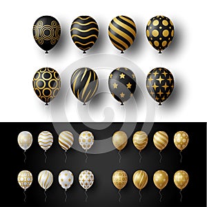 Balloon set isolated on white and black background. Vector realistic gold, golden, silver and black festive 3d helium balloons